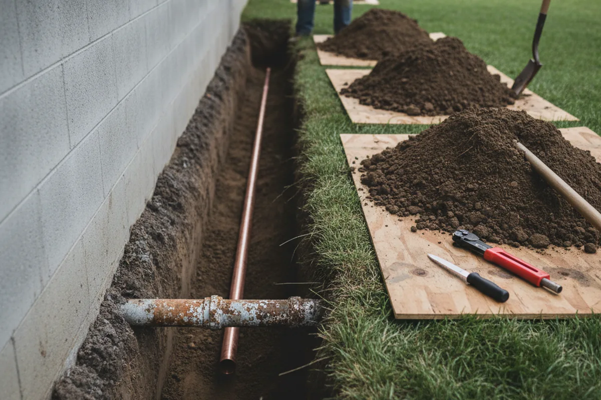 Excavated water line trench during Water Softener Installation in San Carlos